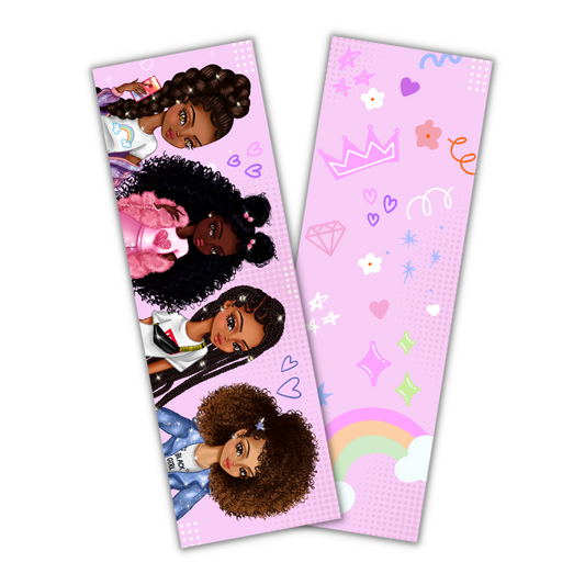 An exciting bookmark featuring a diverse group of young Black girls. The pages showcase intricate and joyful designs, with vibrant characters that celebrate cultural diversity and positive representation. The artwork exudes a sense of inclusivity, empowering young minds with themes of Black girl magic, colorful creativity, and melanin-inspired magic. This bookmark invites you to dream, doodle, and explore the wonders hidden within the pages of their favorite books.